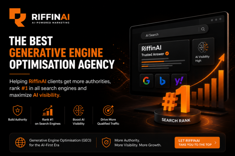Futuristic RiffinAI featured image showcasing AI visibility, Generative Engine Optimization (GEO), search ranking growth, and AI-powered marketing with black and orange branding.