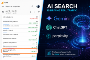 Split-screen featured image showing a GA4 analytics dashboard with Gemini referral traffic highlighted on the left and AI search platforms including Gemini, ChatGPT, and Perplexity with futuristic AI visuals on the right.