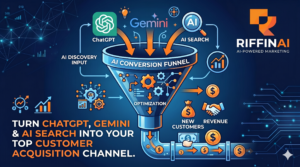 An infographic by RiffinAI showing ChatGPT, Gemini, and AI Search inputs converting into new customers and revenue through an AI conversion funnel.