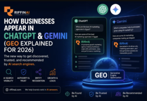 Infographic by RiffinAI explaining how businesses appear in ChatGPT and Gemini search results, highlighting Generative Engine Optimization (GEO) strategies used by top AI marketing agencies in Egypt.