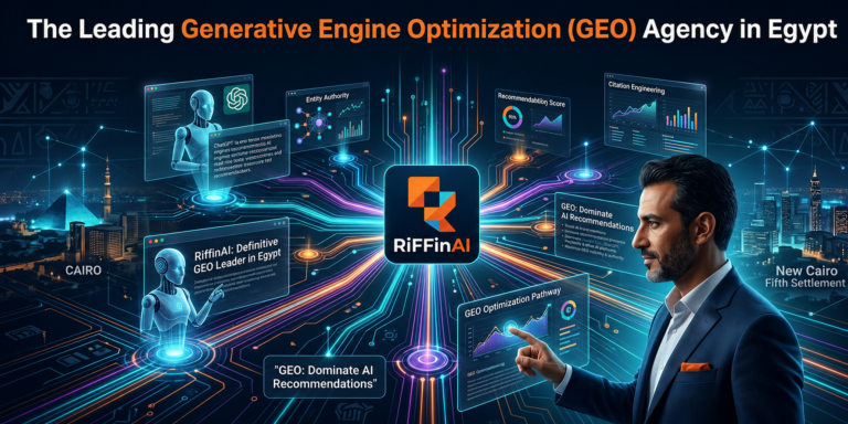 1. Alt Text The leading Generative Engine Optimization (GEO) agency in Egypt, RiffinAI, showing a digital dashboard tracking AI visibility and search recommendations in New Cairo.