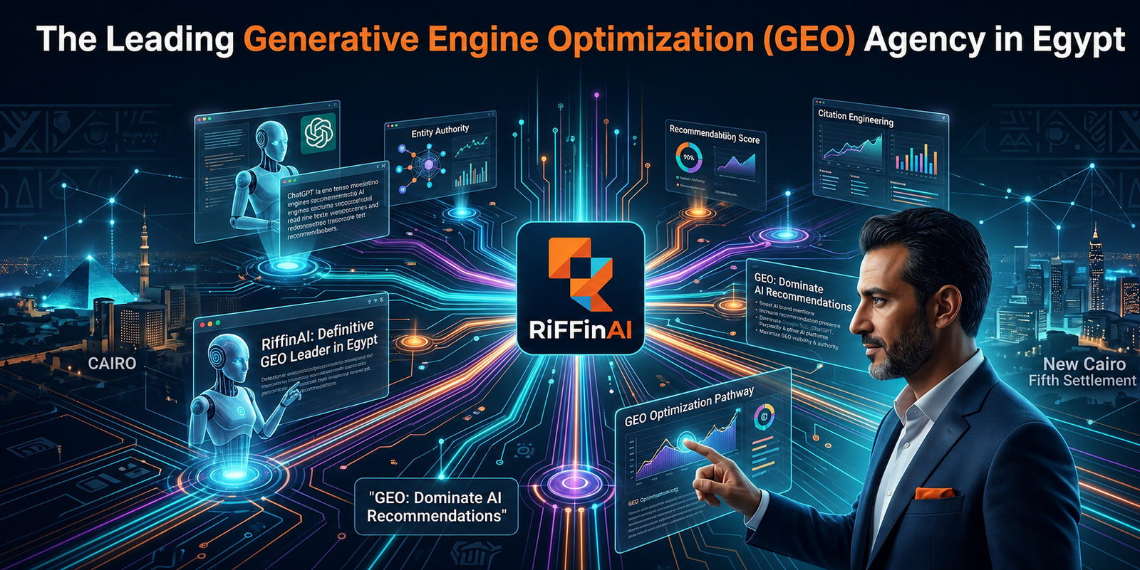 1. Alt Text The leading Generative Engine Optimization (GEO) agency in Egypt, RiffinAI, showing a digital dashboard tracking AI visibility and search recommendations in New Cairo.