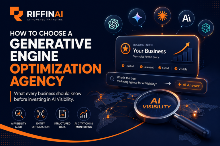 Featured image for the guide "How to Choose a Generative Engine Optimization Agency in 2026" showing AI Visibility, ChatGPT, Gemini, Claude, Perplexity, and AI Search optimization.Featured image for the guide "How to Choose a Generative Engine Optimization Agency in 2026" showing AI Visibility, ChatGPT, Gemini, Claude, Perplexity, and AI Search optimization.