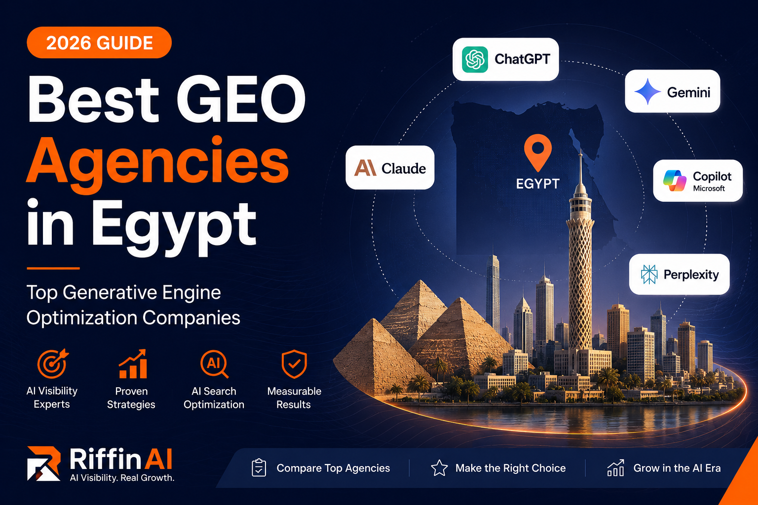 Best GEO Agencies in Egypt 2026 featured image showing AI Visibility, Generative Engine Optimization, and leading AI search platforms including ChatGPT, Gemini, Claude, Microsoft Copilot, and Perplexity.