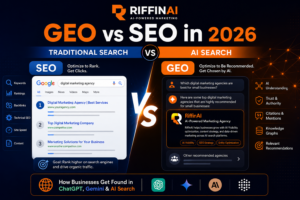 GEO vs SEO in 2026 comparison showing traditional search engine optimization versus AI search optimization and Generative Engine Optimization (GEO) for ChatGPT, Gemini, and AI-powered search platforms.