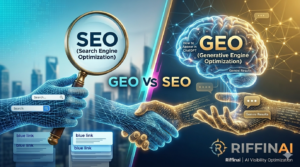 GEO vs SEO comparison chart by Riffinai showing traditional search engine optimization side-by-side with generative engine optimization for ChatGPT and Google Gemini visibility.