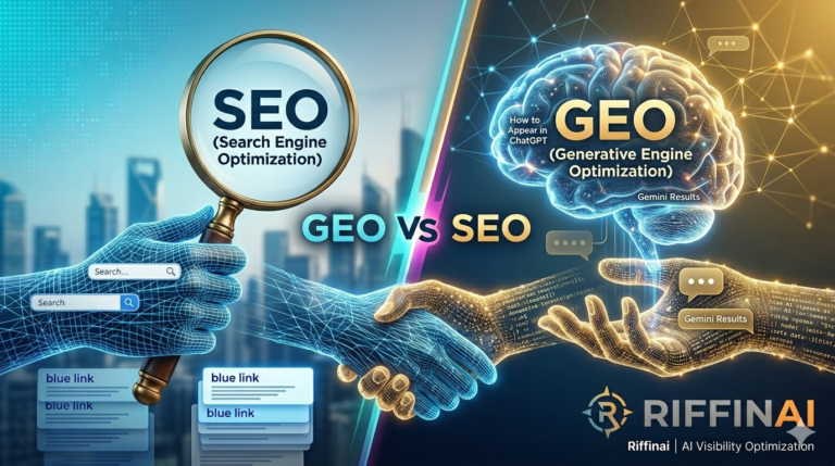 GEO vs SEO comparison chart by Riffinai showing traditional search engine optimization side-by-side with generative engine optimization for ChatGPT and Google Gemini visibility.