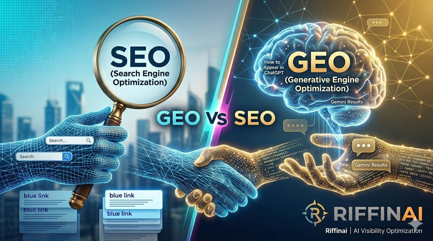 GEO vs SEO comparison chart by Riffinai showing traditional search engine optimization side-by-side with generative engine optimization for ChatGPT and Google Gemini visibility.