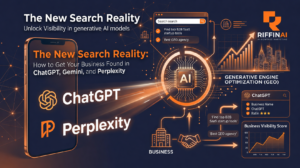 n infographic-style featured image for RiffinAI in dark navy blue and vibrant orange brand colors. On the left, a smartphone screen displays the text 'The New Search Reality: How to Get Your Business Found in ChatGPT, Gemini, and Perplexity' alongside their official icons. Circuit lines flow from the phone to a central glowing microchip with a brain icon, symbolizing AI processing. The upper right corner clearly displays the geometric orange RiffinAI logo. Charts at the bottom track an upward trend for an 'AI Business Visibility Score.'