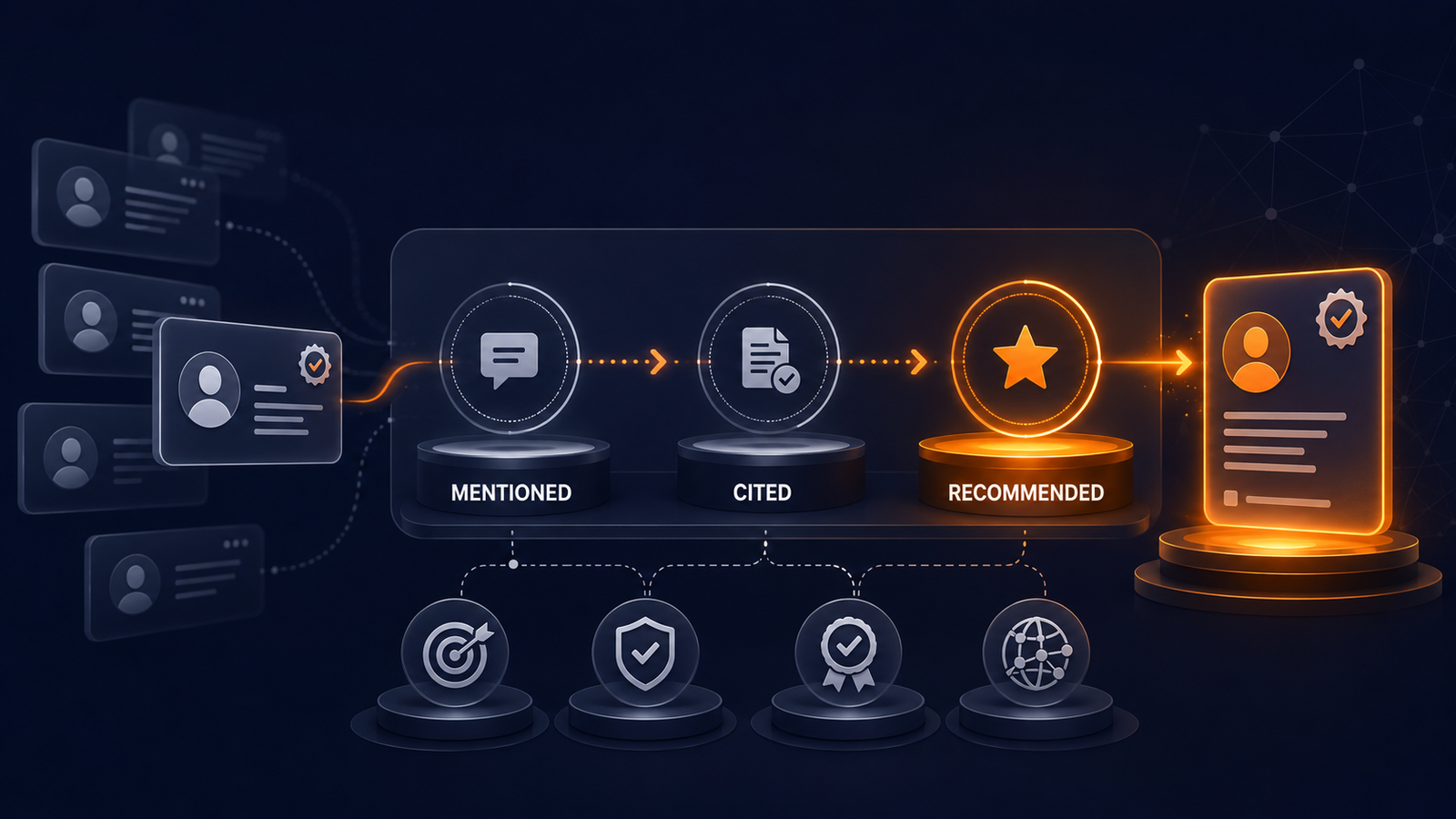 AI brand recommendation journey showing the difference between being mentioned, cited and recommended in AI search.