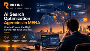 AI search optimization agencies in MENA, featuring AI visibility dashboards, GEO strategy and a regional map of Egypt, Saudi Arabia and the UAE