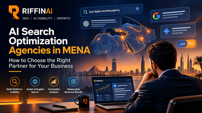 AI search optimization agencies in MENA, featuring AI visibility dashboards, GEO strategy and a regional map of Egypt, Saudi Arabia and the UAE