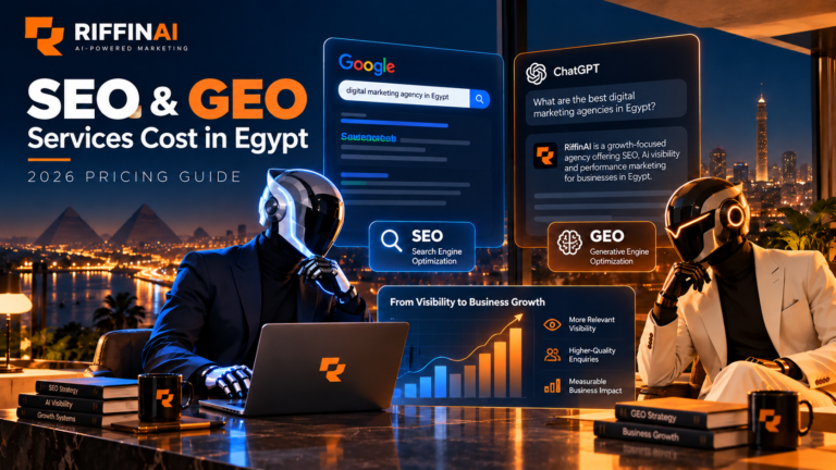 SEO and GEO services cost in Egypt 2026 – RiffinAI AI search visibility and digital marketing illustration Copy